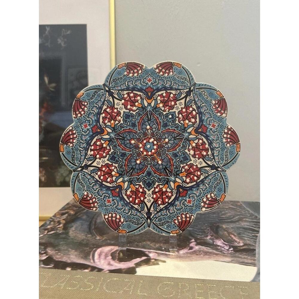 Turkish Ceramic Trivet 7” Heat Resistant Pot Holder Hand Painted Iznik Inspired